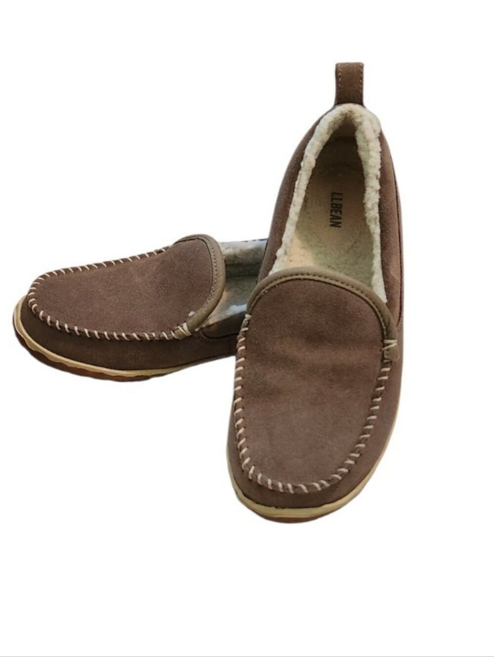 L.L. Bean Women's Mountain Brown Suede Fleece-Lined Moccasin Slippers